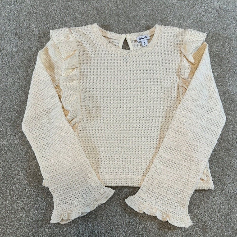 Splendid Girls Cream Textured Ruffle Long Sleeve Sweater Top‎ Size 8